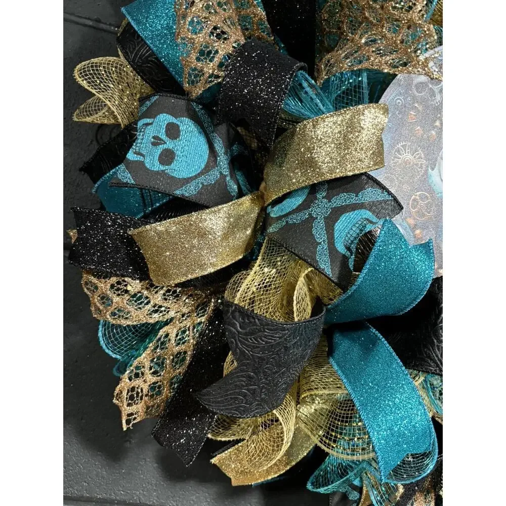 Handmade Halloween Wreath Teal Blue & Gold Steampunk Skull 24 Inch Deco Mesh